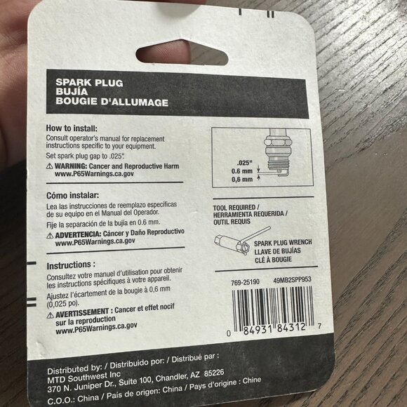 Genuine MTD Troy Bilt Remington 2-Cycle Engine Spark Plug 49MB2SPP953 769-25190 - Picture 2 of 2